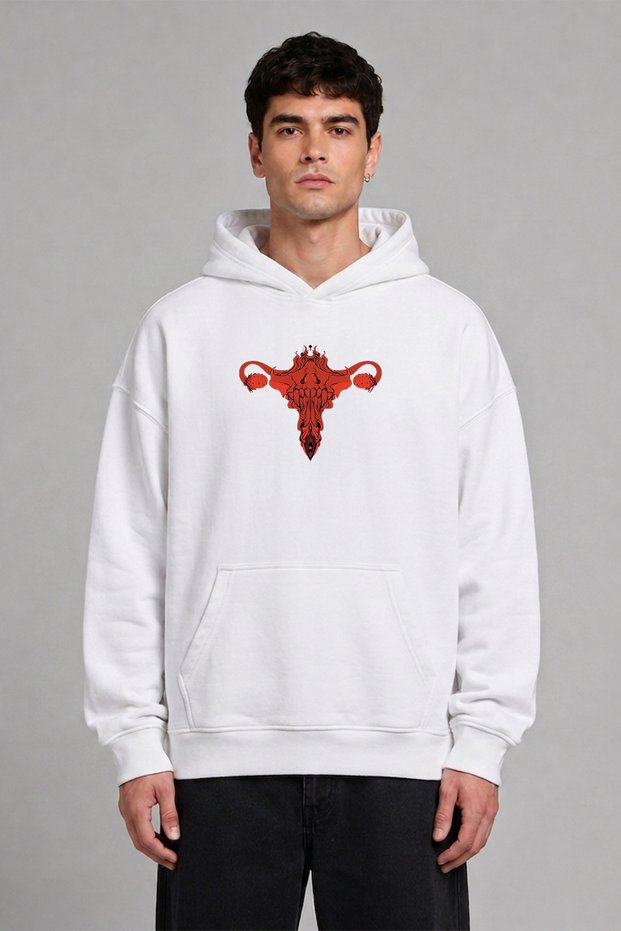 Different Monster Design Front Printed Oversize White Hooded Sweatshirt