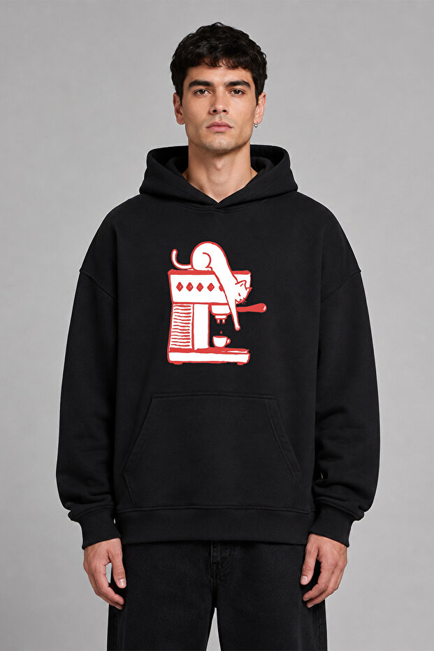 Goodmornıng Cat Design Pre-Printed Oversize Black Hooded Sweatshirt