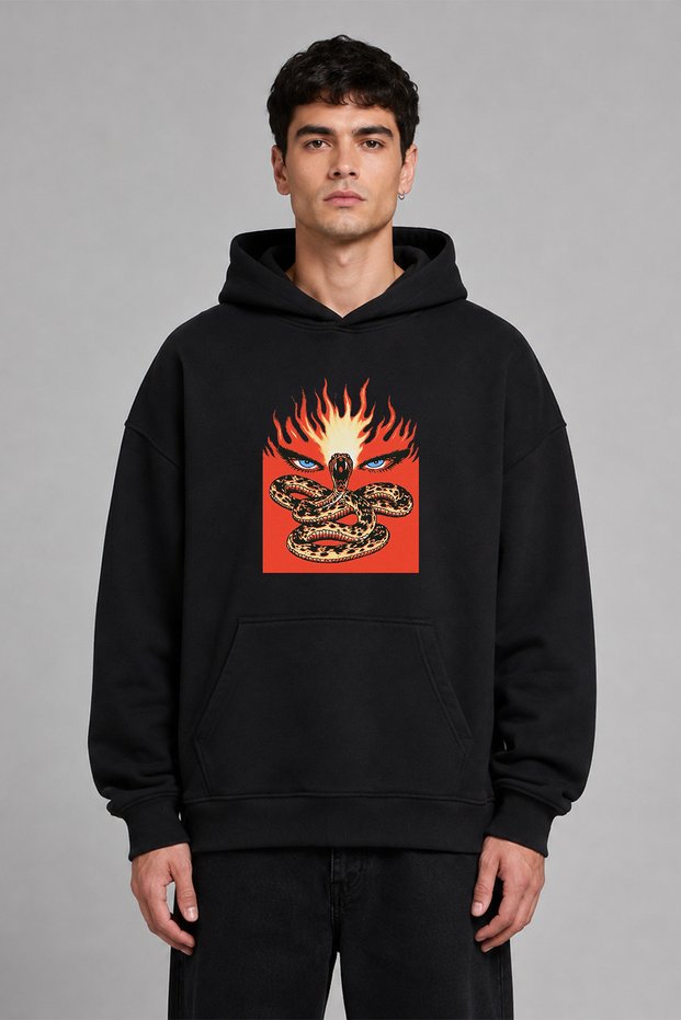 Blue-Eyed Man Design Pre-Printed Oversize Black Hooded Sweatshirt