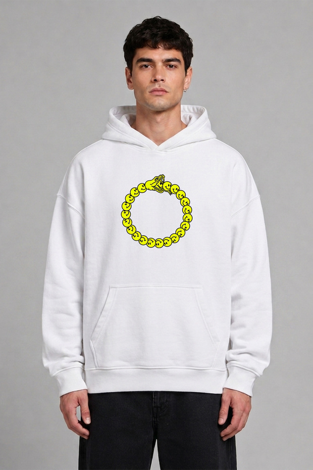 Self-Eating Snake Design Pre-Printed Oversize White Hooded Sweatshirt