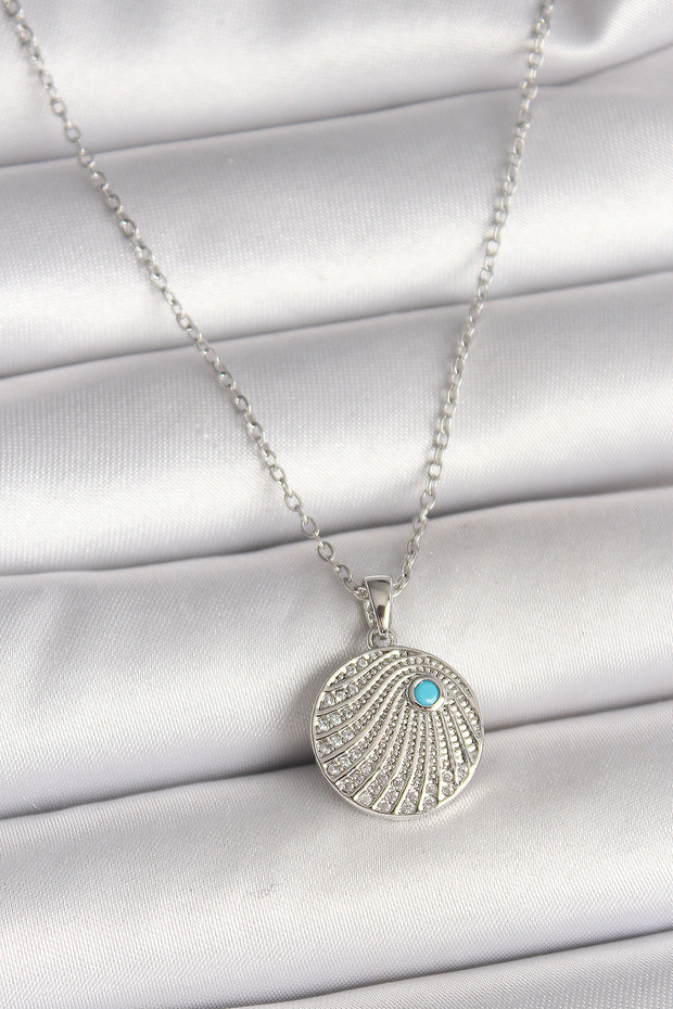 316L Steel Silver Color Chain Zircon Stone Blue Stone Detailed Medallion Model Women's Necklace