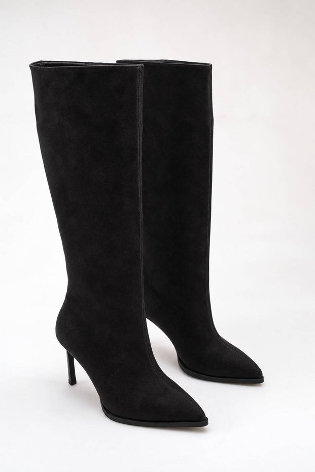 Women's Black Suede Pointed Toe Thin Heel Mid-Calf Boots with Stitching Detail