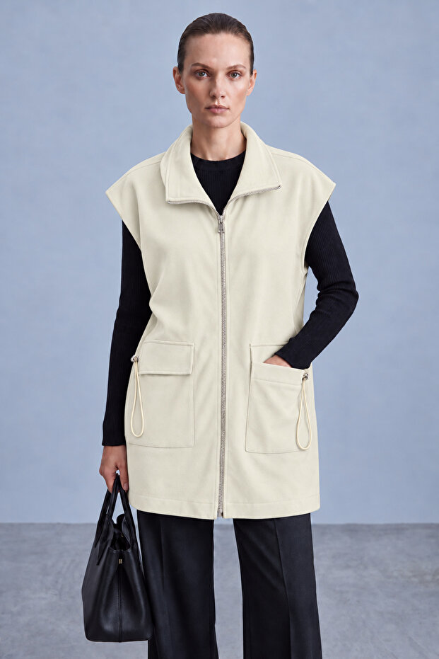 Zippered High Collar Pocketed Long Tunic Ecru 10834
