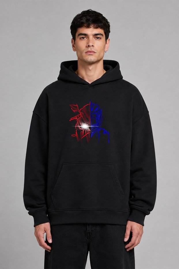 Motorcycle and Helmet Design Pre-Printed Oversize Black Hooded Sweatshirt