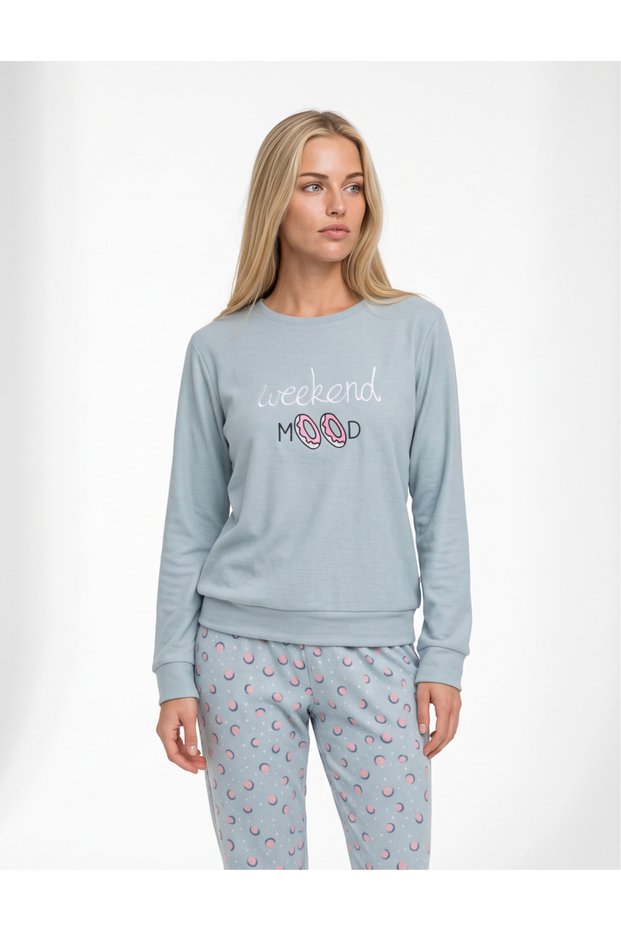 Women's Thermal Pajama Set with Donut Pattern in Water Green