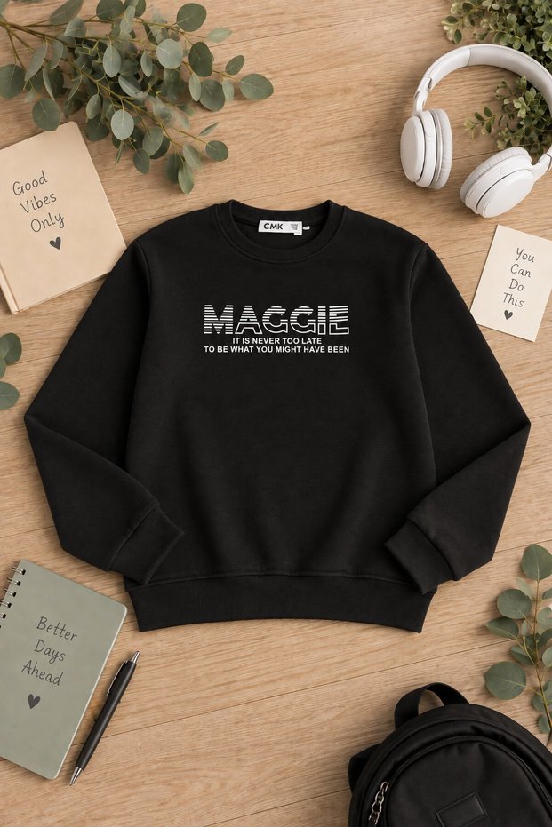 Black Boy's Text Printed Crew Neck Ribbed Long Sleeve Sweatshirt 24963