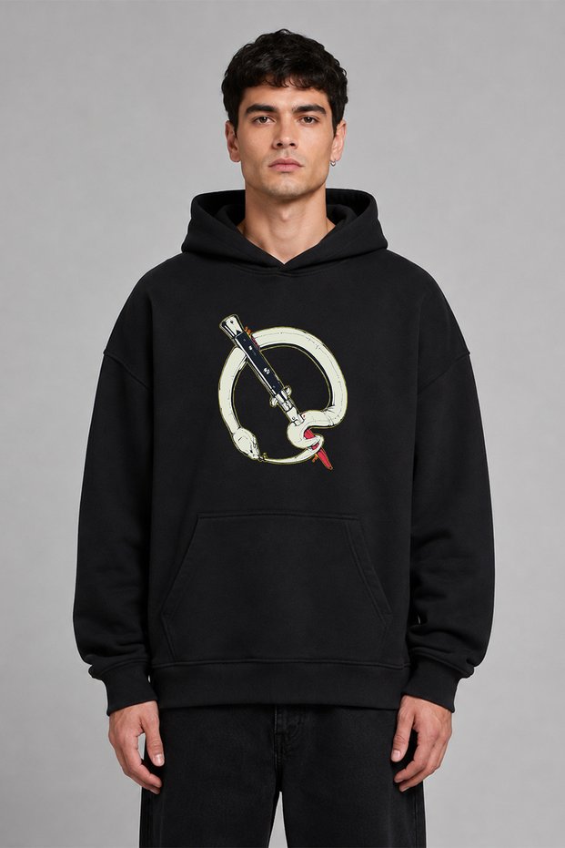 Snake with Knife Design Pre-Printed Oversize Black Hooded Sweatshirt