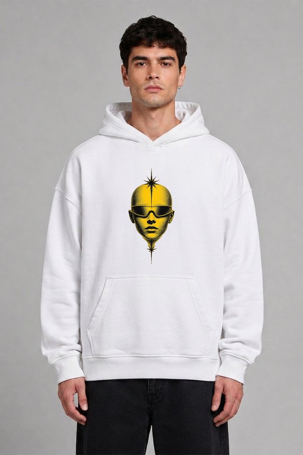 Yellow Raveci Adam Design Pre-Printed Oversize White Hooded Sweatshirt