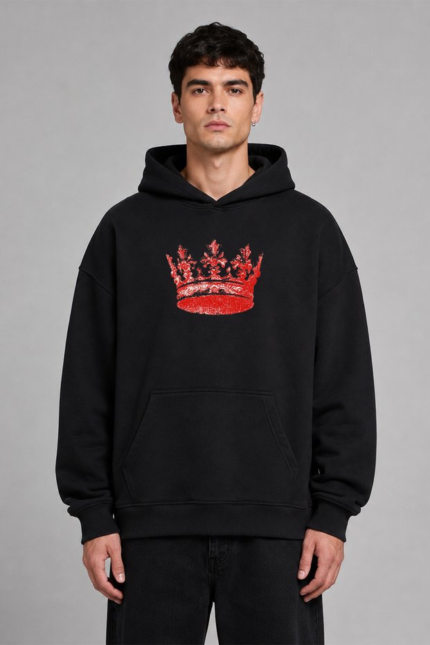 King's Crown Design Pre-Printed Oversize Black Hooded Sweatshirt