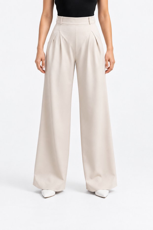 Women's High Waist Pleated Wide Leg Classic Fabric Palazzo Trousers
