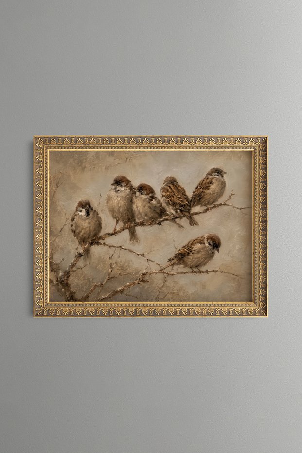 Six Sparrows on a Branch - Vintage Patterned Painting - Fine Model