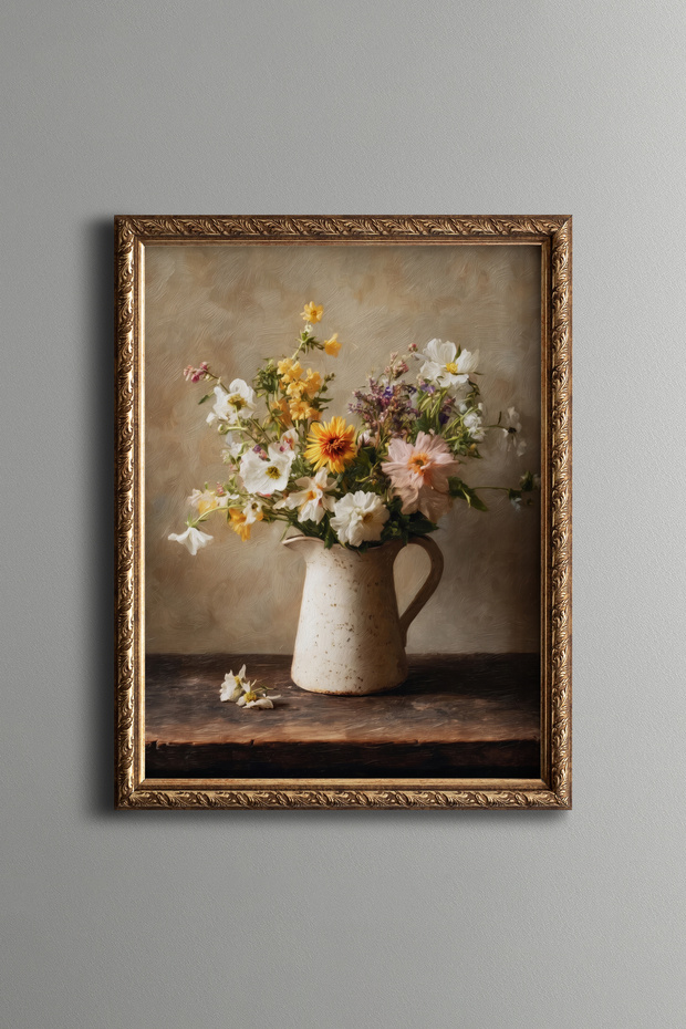 Colorful Wild Flowers in a White Jug - Vintage Patterned Painting - Fine Model