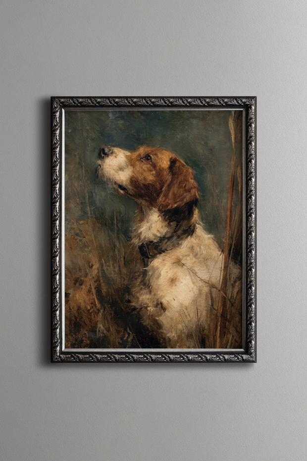 Brown and White Hunting Dog Portrait - Vintage Patterned Painting - Fine Model
