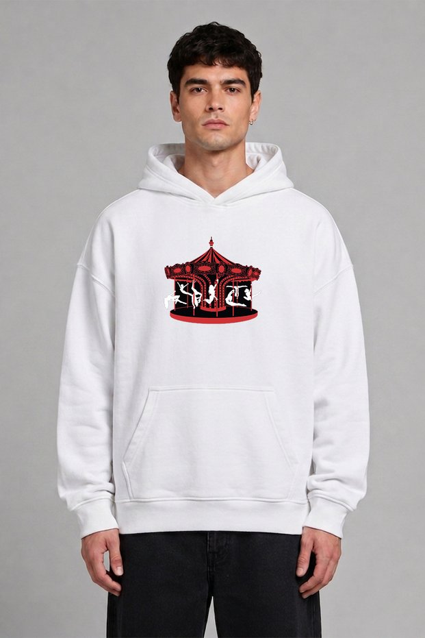 Women's Ant Design Front Printed Oversize White Hooded Sweatshirt