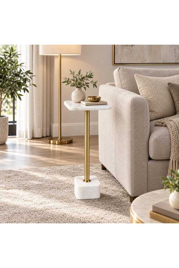 Square Marble Service Table with Metal Column