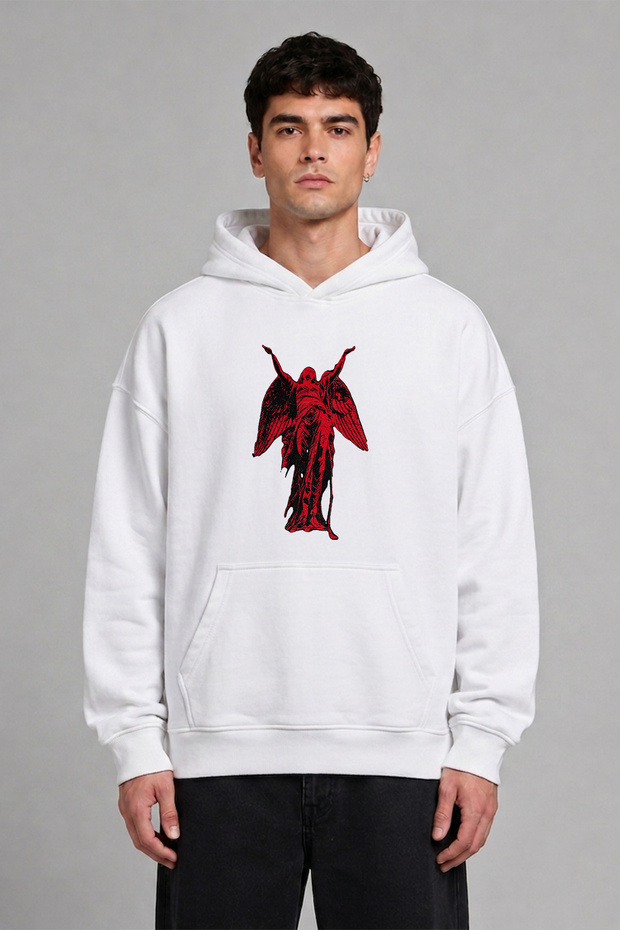 Red Women's Design Front Printed Oversize White Hooded Sweatshirt