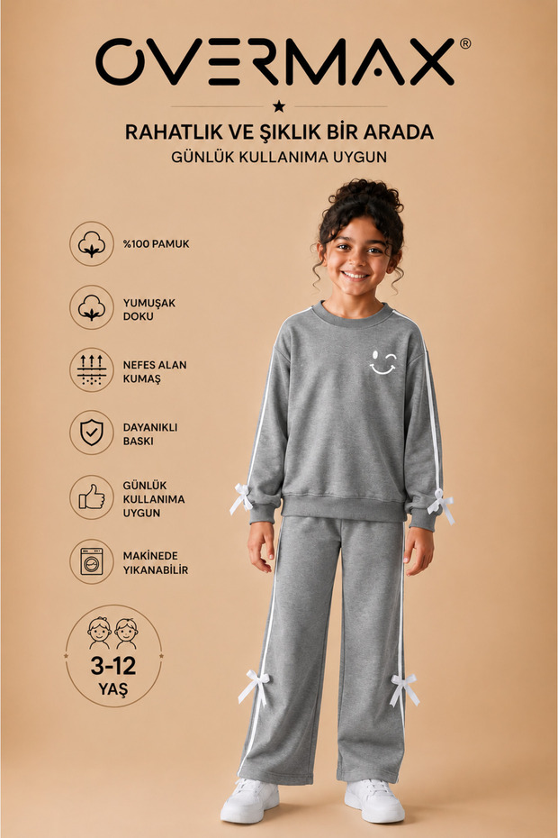 Girl's Smile Printed Tracksuit Set with Stripe and Bow Detail – Ages 3-12
