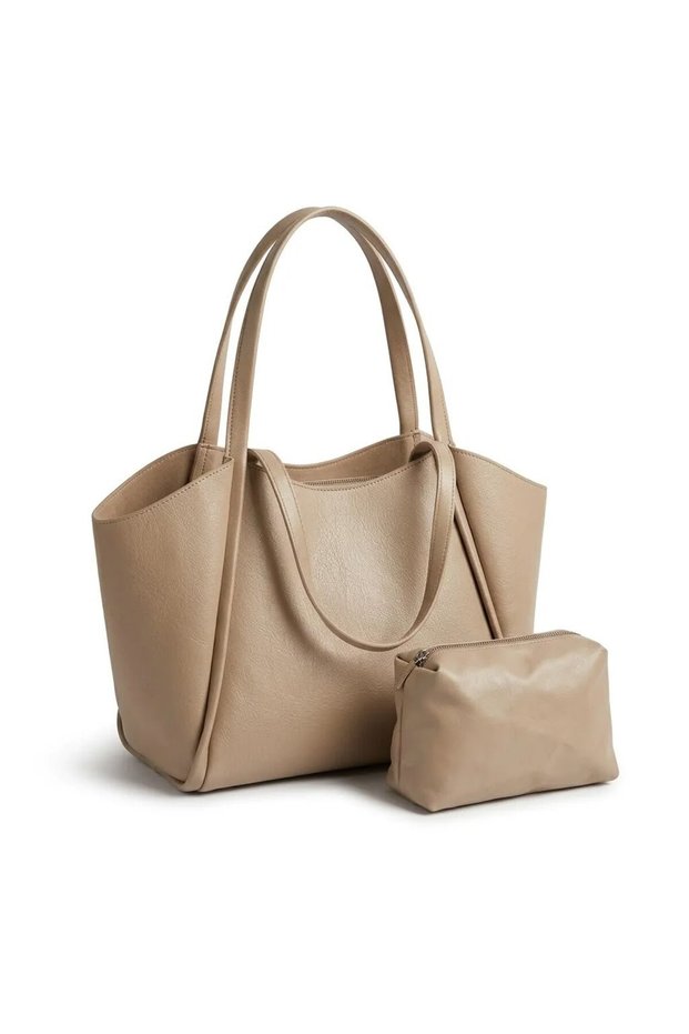 Beige Soft Leather Shoulder Bag 31X24 cm Daily Women's Bag with Extra Makeup Bag