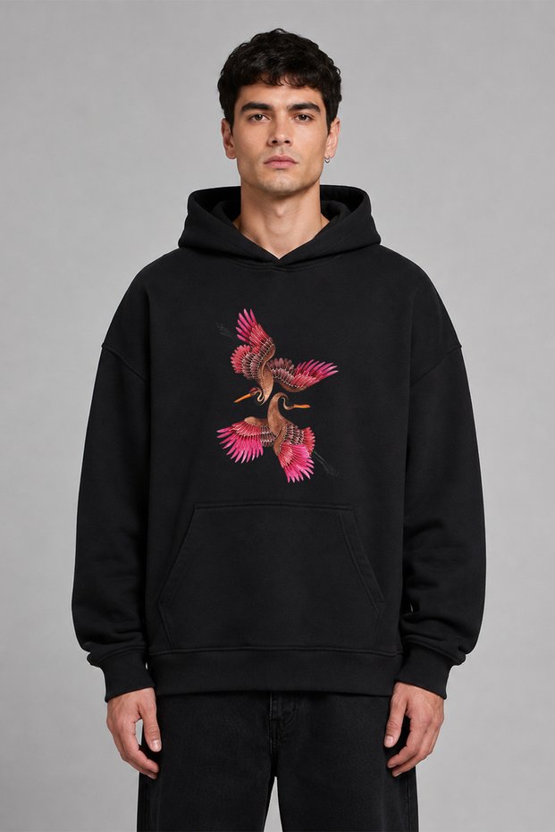 Pink Birds Couple Design Pre-Printed Oversize Black Hooded Sweatshirt