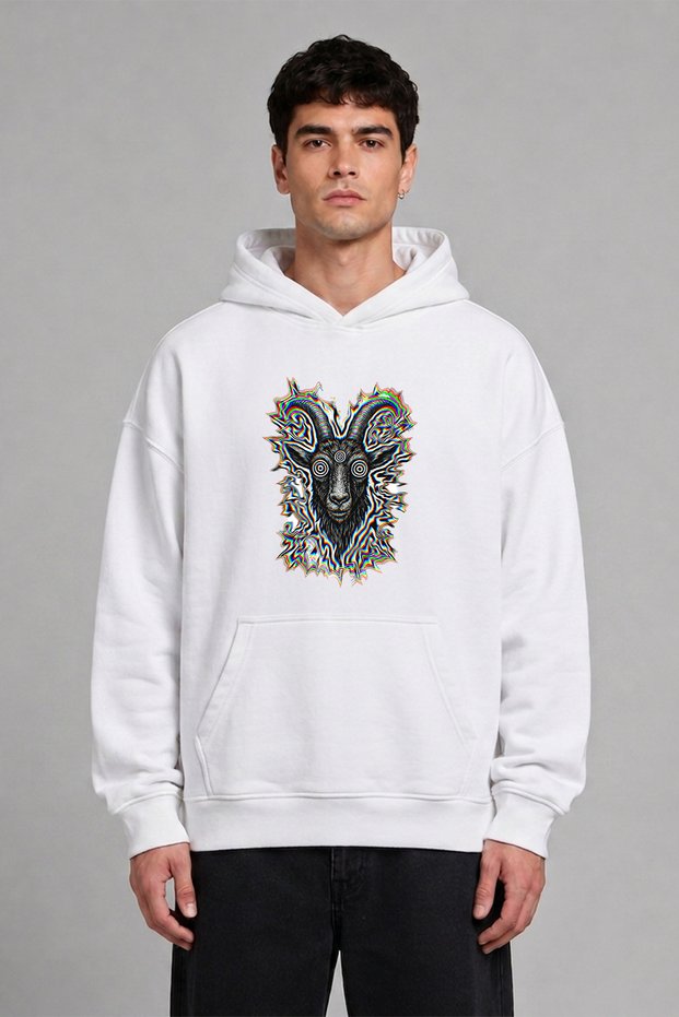 سويت شيرت أبيض كبير الحجم بقلنسوة وطباعة أمامية بتصميم Hipnotik Goat