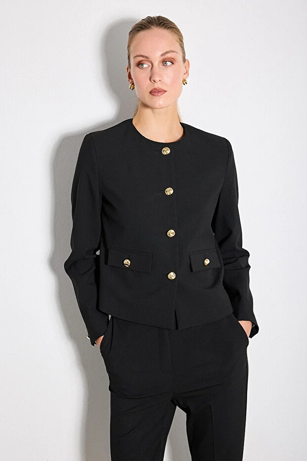 Round Neck Button Detailed Jacket - Black
