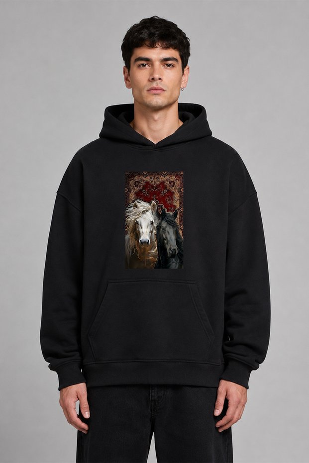 Two Beautiful Horses Ethnic Design Pre-Printed Oversize Black Hooded Sweatshirt