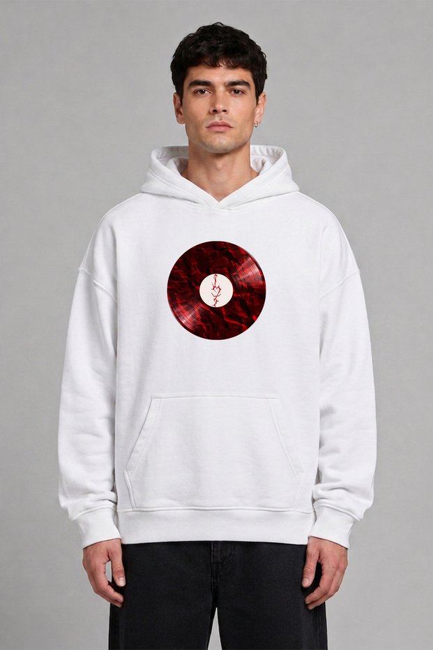 Red Plaque Design Pre-Printed Oversize White Hooded Sweatshirt