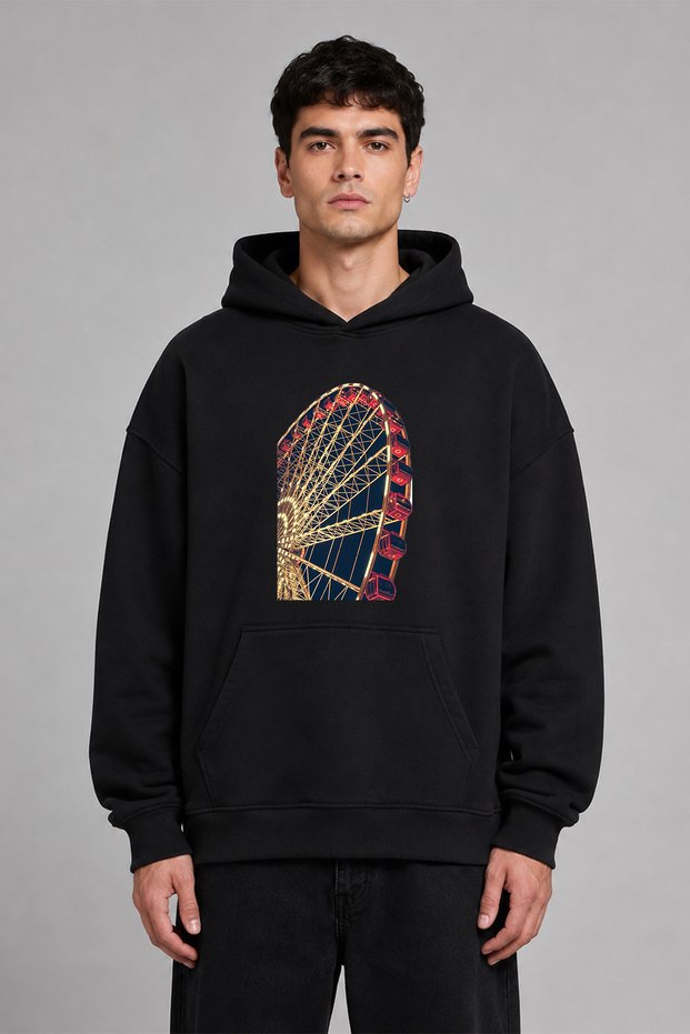 Ferris Wheel Design Pre-Printed Oversize Black Hooded Sweatshirt