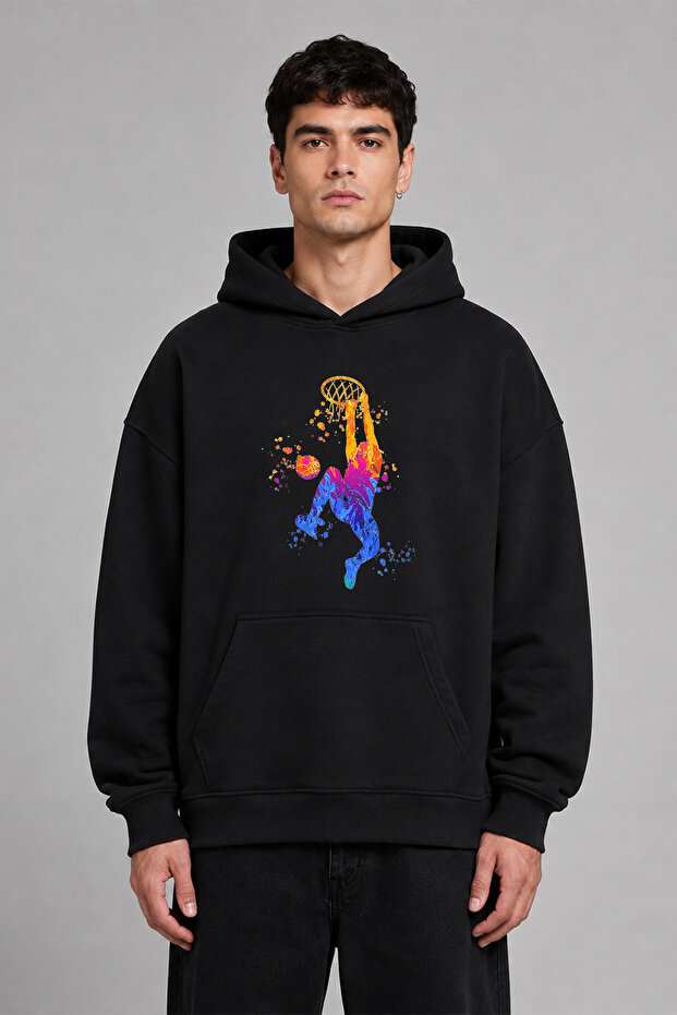 Basketball Player Design Pre-Printed Oversize Black Hooded Sweatshirt