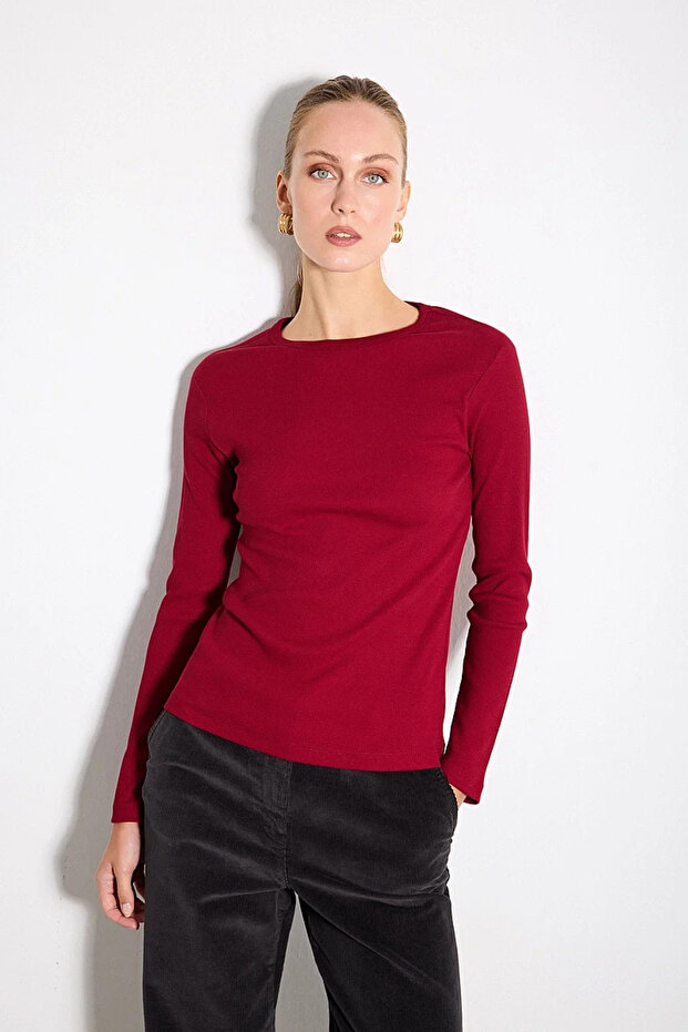 Long Sleeve Cotton Knitted Basic Blouse - Burgundy