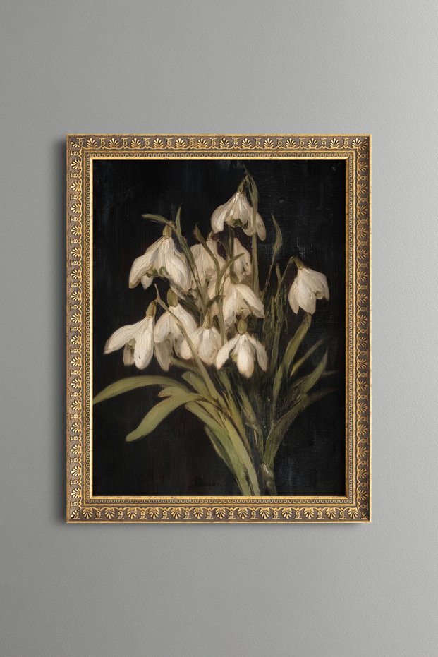 White Snowdrops on a Dark Background - Vintage Patterned Painting - Fine Model