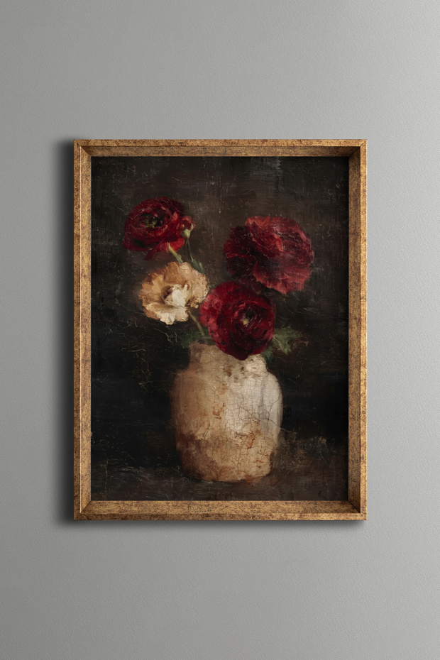 Red and Cream Roses in a Ceramic Vase - Vintage Patterned Painting - Fine Model