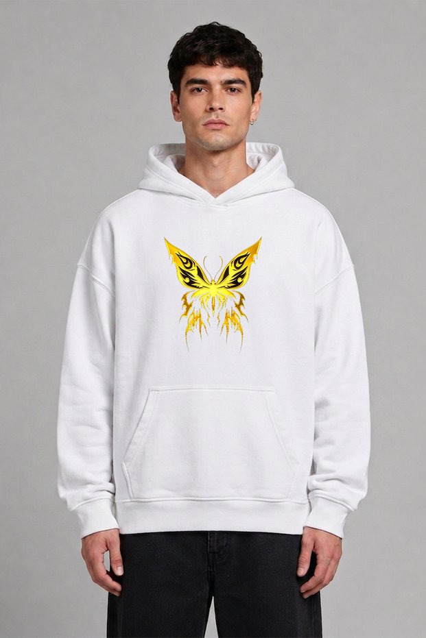 Gold Butterfly Design Pre-Printed Oversize White Hooded Sweatshirt