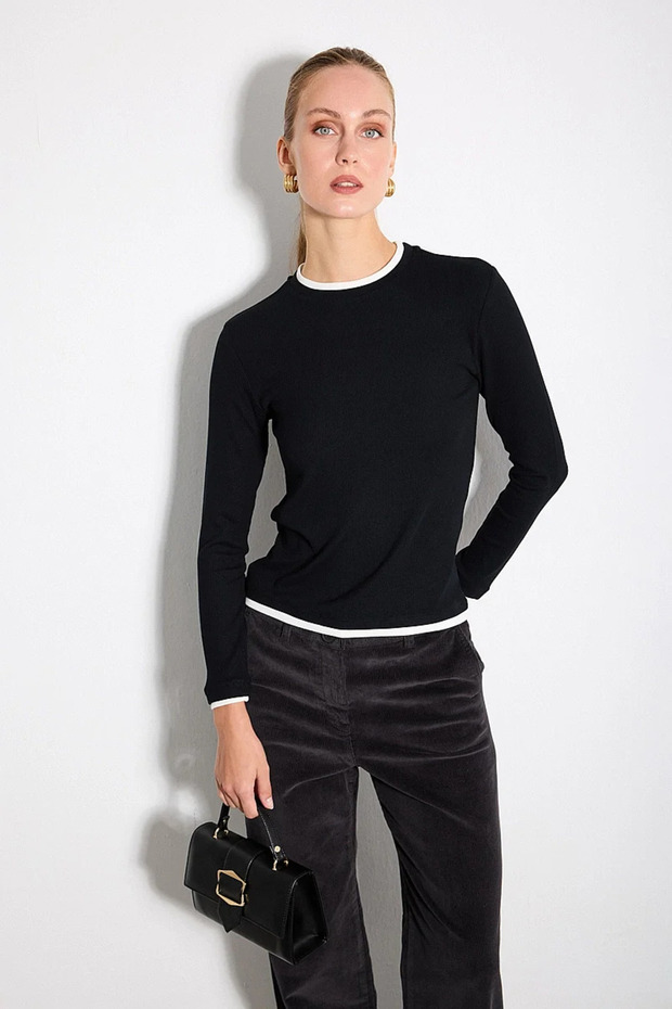 Garnili Long Sleeve Viscose Knitted Blouse - Black