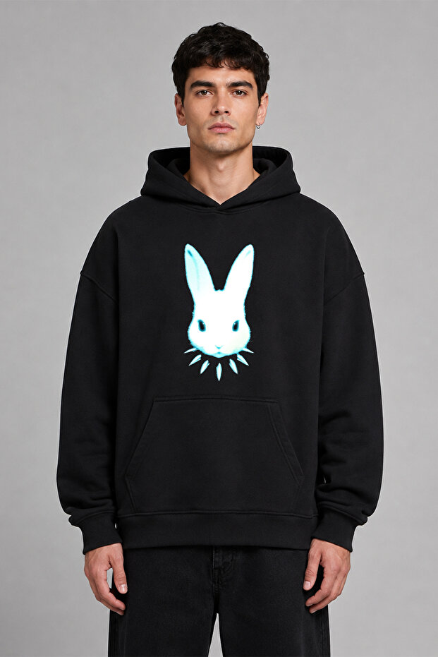 Kolyeli Rabbit Design Pre-Printed Oversize Black Hooded Sweatshirt