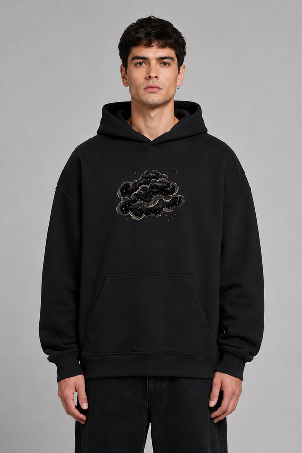 Black Clouds Design Pre-Printed Oversize Black Hooded Sweatshirt
