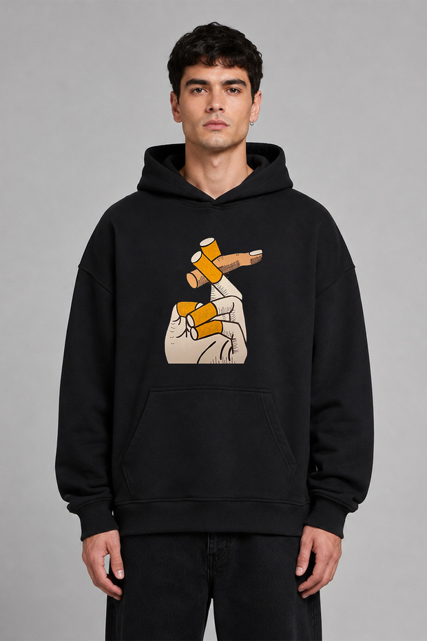 سويت شيرت بقلنسوة أسود كبير الحجم مطبوع من الأمام بتصميم Bad Habit Design