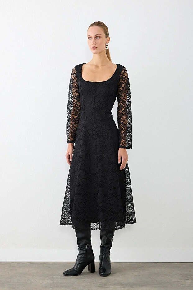 Square Neckline Cordone Lace Long Evening Dress - Black