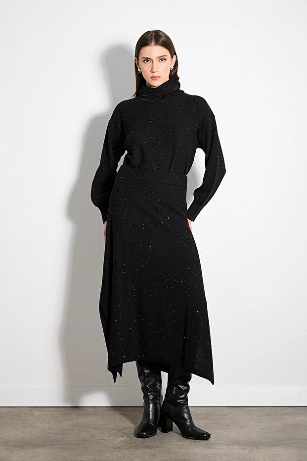 Stone Detailed Long Knitwear Cotton Skirt - Black