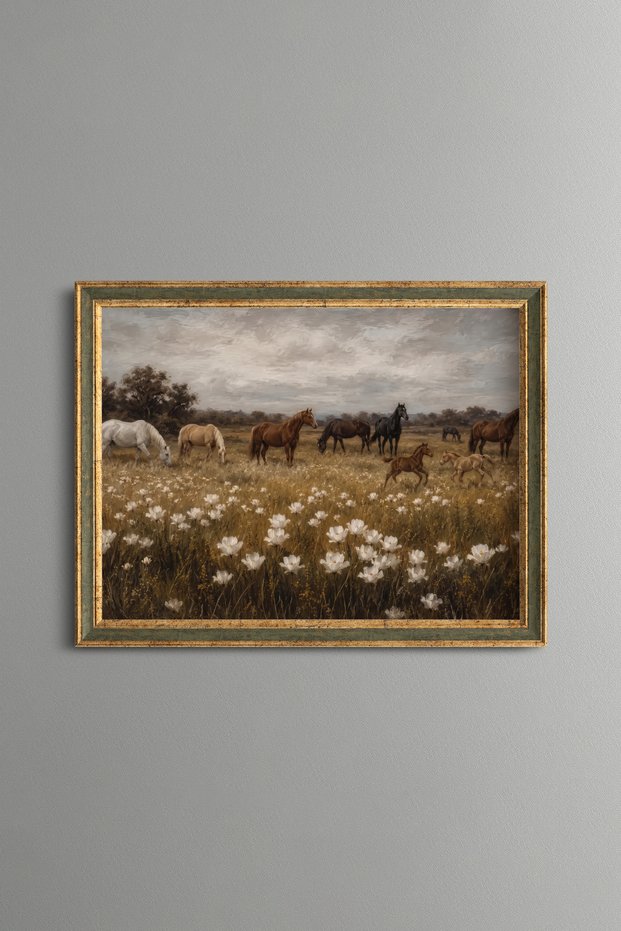 Horses Grazing on a Meadow with Daisies - Vintage Patterned Painting - Fine Model