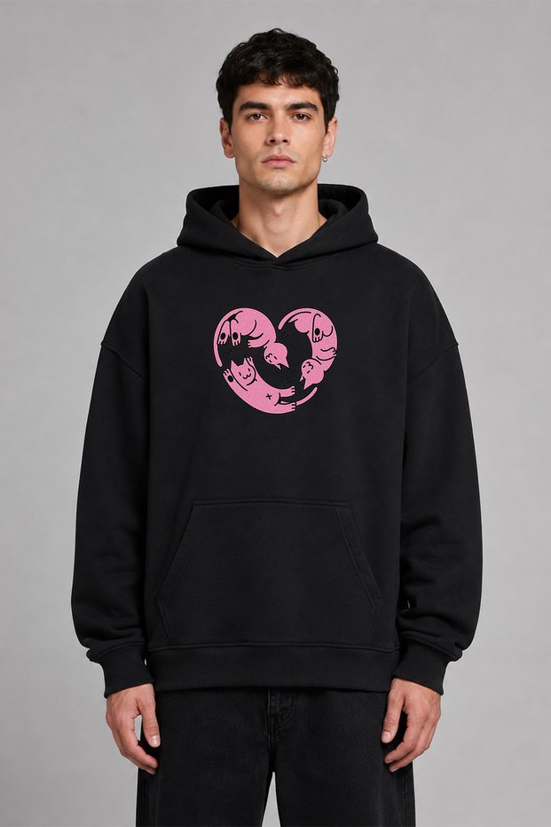 Heart Cat Design Pre-Printed Oversize Black Hooded Sweatshirt
