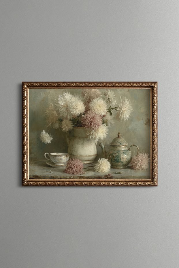 White Flowers and Green Porcelain Tea Set - Vintage Patterned Painting - Fine Model