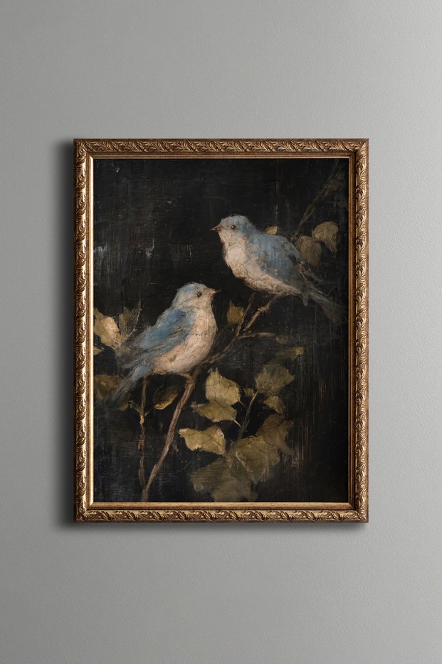 Two Blue Birds on a Leafy Branch - Vintage Patterned Painting - Fine Model