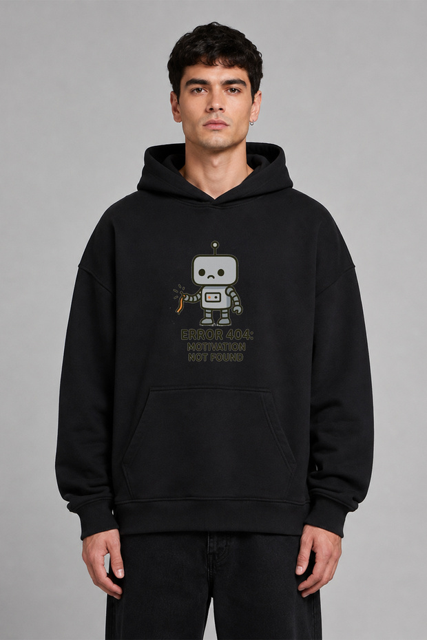 Motivation Not Found Design Pre-Printed Oversize Black Hooded Sweatshirt
