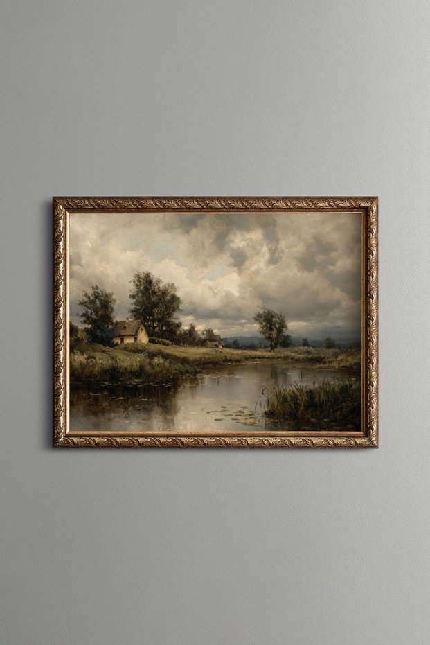 Calm River under Cloudy Sky - Vintage Patterned Painting - Fine Model