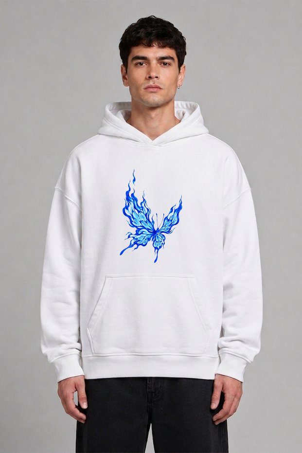 Blue Butterfly Design Front Printed Oversize White Hooded Sweatshirt
