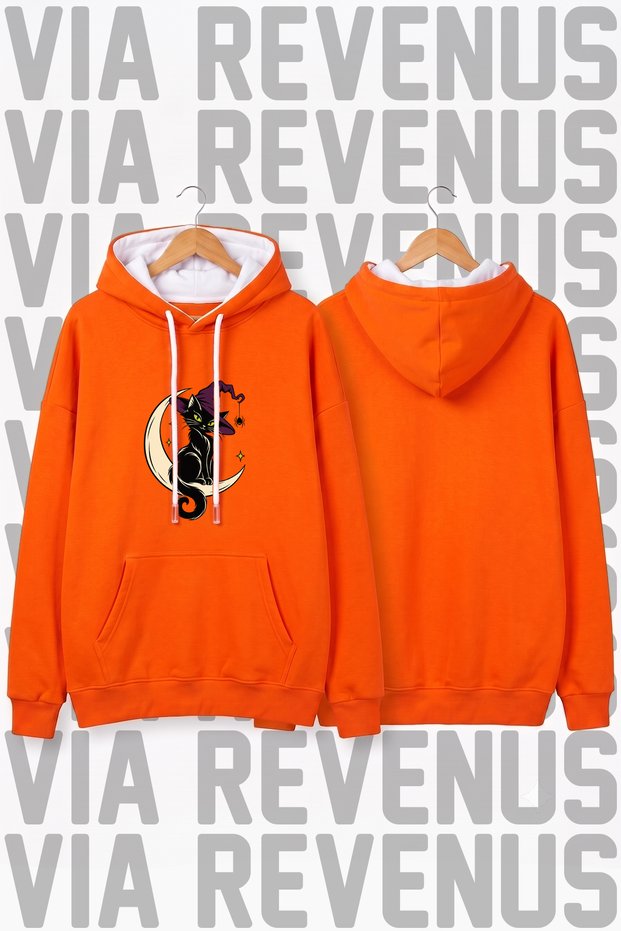 Witch Cat Halloween Printed Unisex Wide Fit Orange Hooded Hoodie Sweatshirt