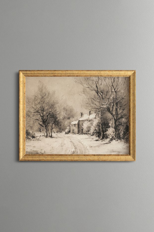 Cottage among Snowy Trees - Vintage Patterned Painting - Fine Model