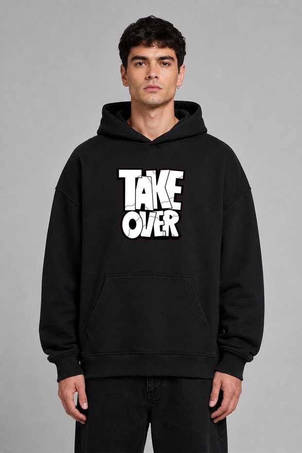 Take over Design Pre-Printed Oversize Black Hooded Sweatshirt