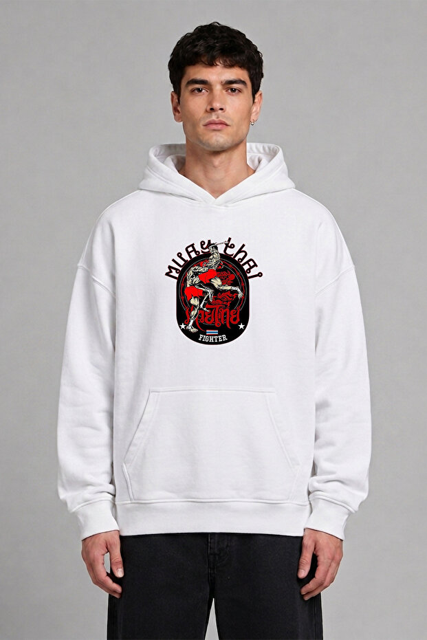 Muay Thai 01 Design Pre-Printed Oversize White Hooded Sweatshirt